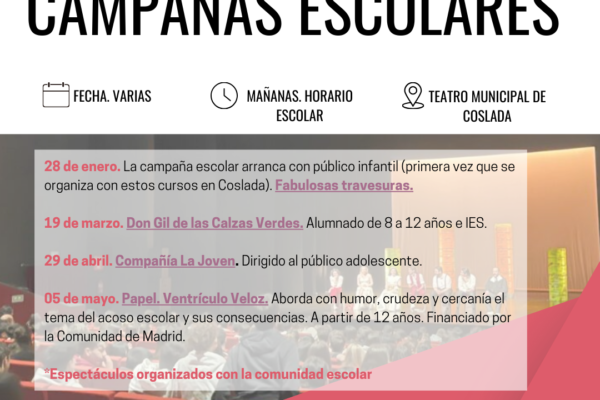 Con el propósito de llegar a más población joven y acercar las artes escénicas desde edades tempranas, el Teatro Municipal de Coslada abre sus puertas y potencia su programa de campañas escolares, una iniciativa impulsada desde la Concejalía de Cultura y Fiestas.