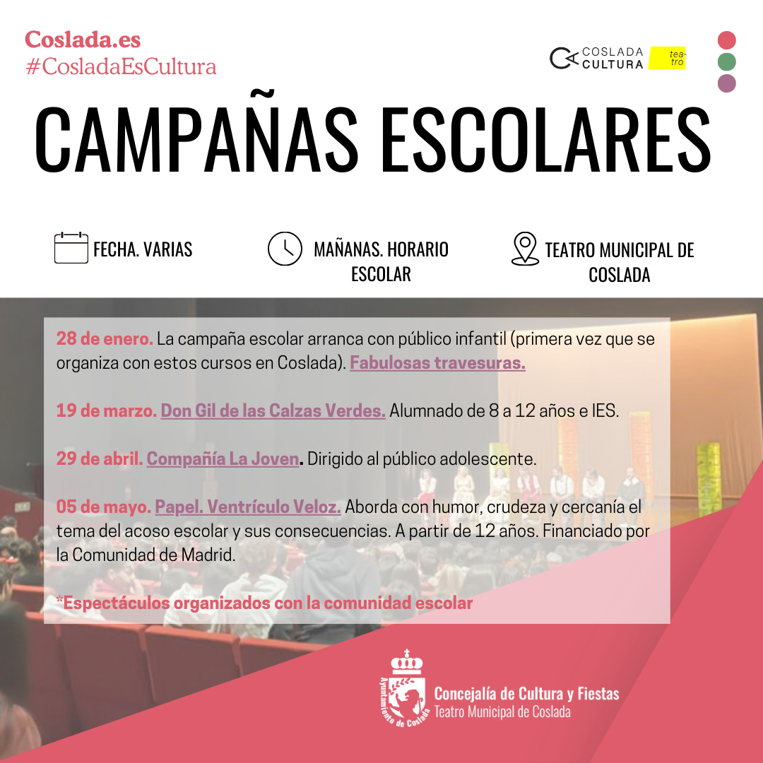 Con el propósito de llegar a más población joven y acercar las artes escénicas desde edades tempranas, el Teatro Municipal de Coslada abre sus puertas y potencia su programa de campañas escolares, una iniciativa impulsada desde la Concejalía de Cultura y Fiestas.